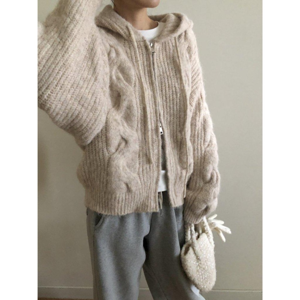 【寬鬆慵懶氛圍感】VENUSY｜正韓🇰🇷 - 韓國東大門空運直送台灣｜粗花連帽羊毛針織外套-細節圖4