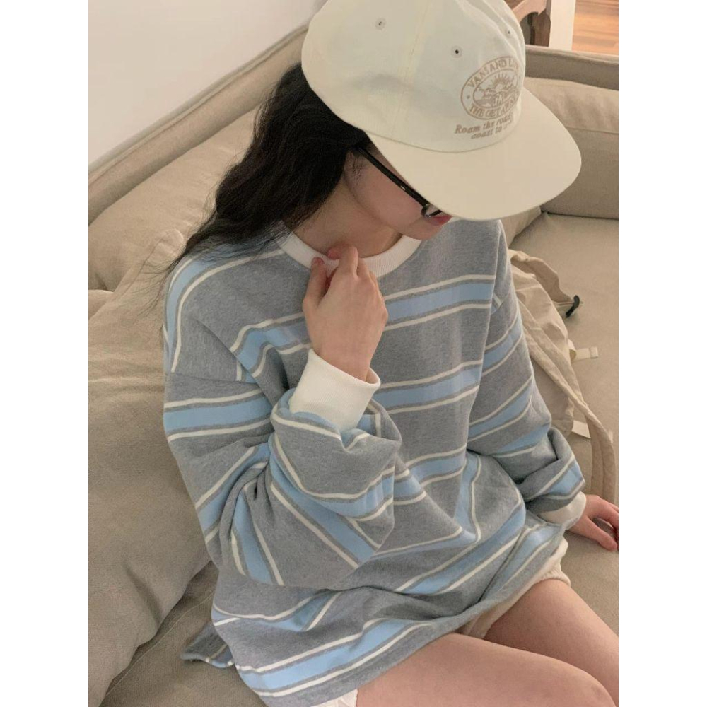 【內刷毛保暖】VENUSY｜正韓🇰🇷 - 韓國東大門空運直送台灣｜雙面絨條紋長袖T恤 衛衣-細節圖2