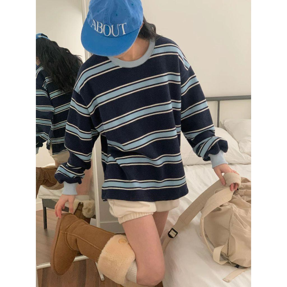 【內刷毛保暖】VENUSY｜正韓🇰🇷 - 韓國東大門空運直送台灣｜雙面絨條紋長袖T恤 衛衣-細節圖3