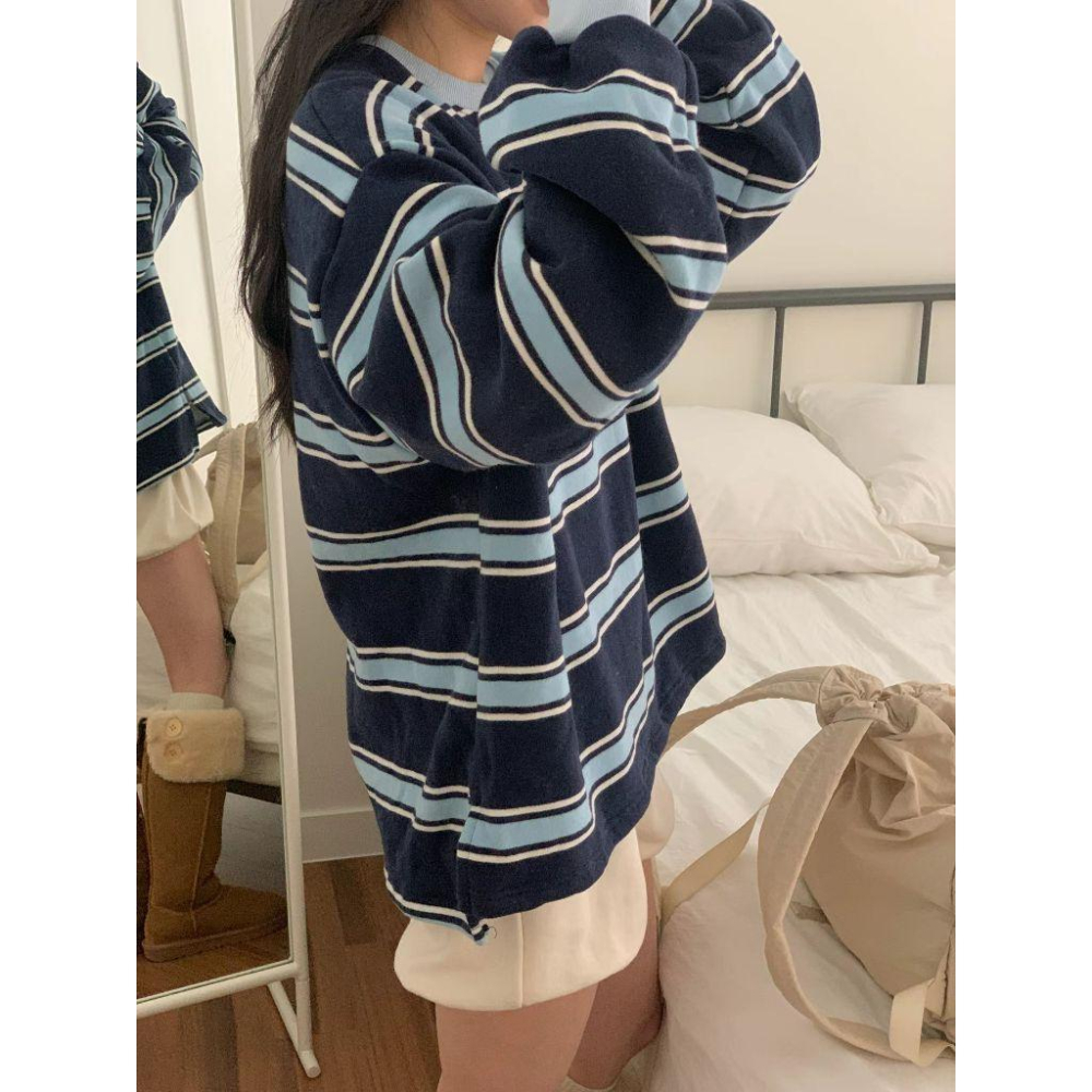 【內刷毛保暖】VENUSY｜正韓🇰🇷 - 韓國東大門空運直送台灣｜雙面絨條紋長袖T恤 衛衣-細節圖4