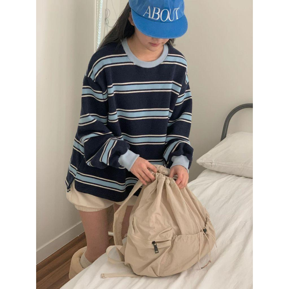 【內刷毛保暖】VENUSY｜正韓🇰🇷 - 韓國東大門空運直送台灣｜雙面絨條紋長袖T恤 衛衣-細節圖5