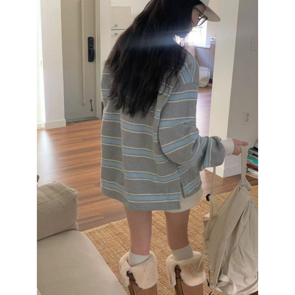 【內刷毛保暖】VENUSY｜正韓🇰🇷 - 韓國東大門空運直送台灣｜雙面絨條紋長袖T恤 衛衣-細節圖7