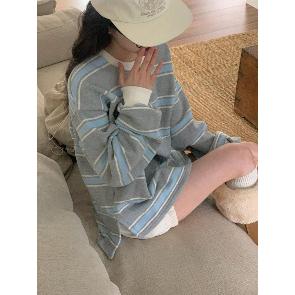 【內刷毛保暖】VENUSY｜正韓🇰🇷 - 韓國東大門空運直送台灣｜雙面絨條紋長袖T恤 衛衣-細節圖8