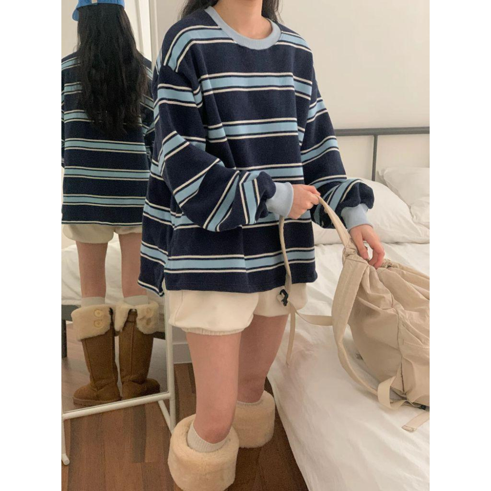 【內刷毛保暖】VENUSY｜正韓🇰🇷 - 韓國東大門空運直送台灣｜雙面絨條紋長袖T恤 衛衣-細節圖9