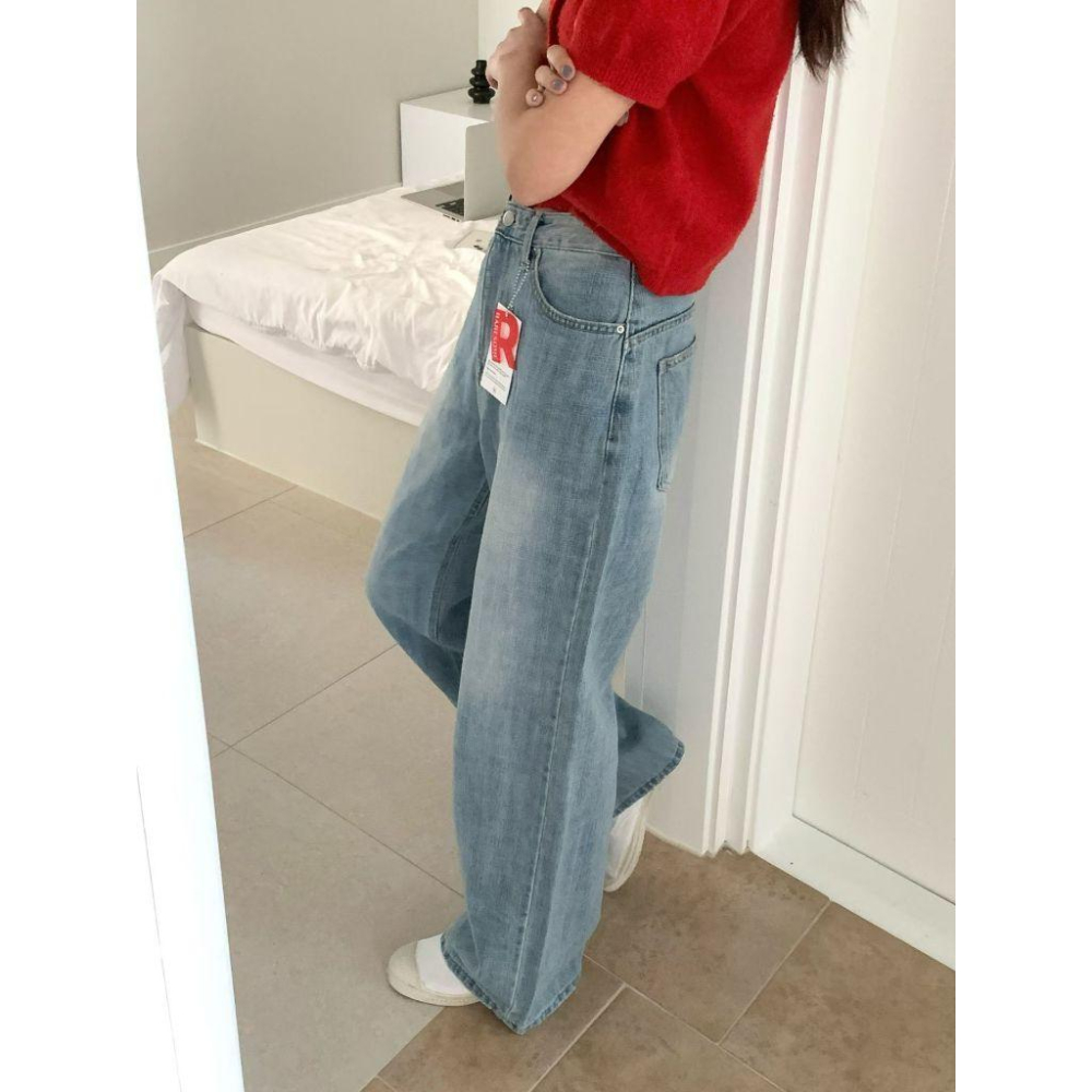 【高級感水洗純棉】VENUSY｜正韓🇰🇷 - 韓國東大門空運直送台灣｜純棉皮革標闊腿牛仔褲-細節圖2