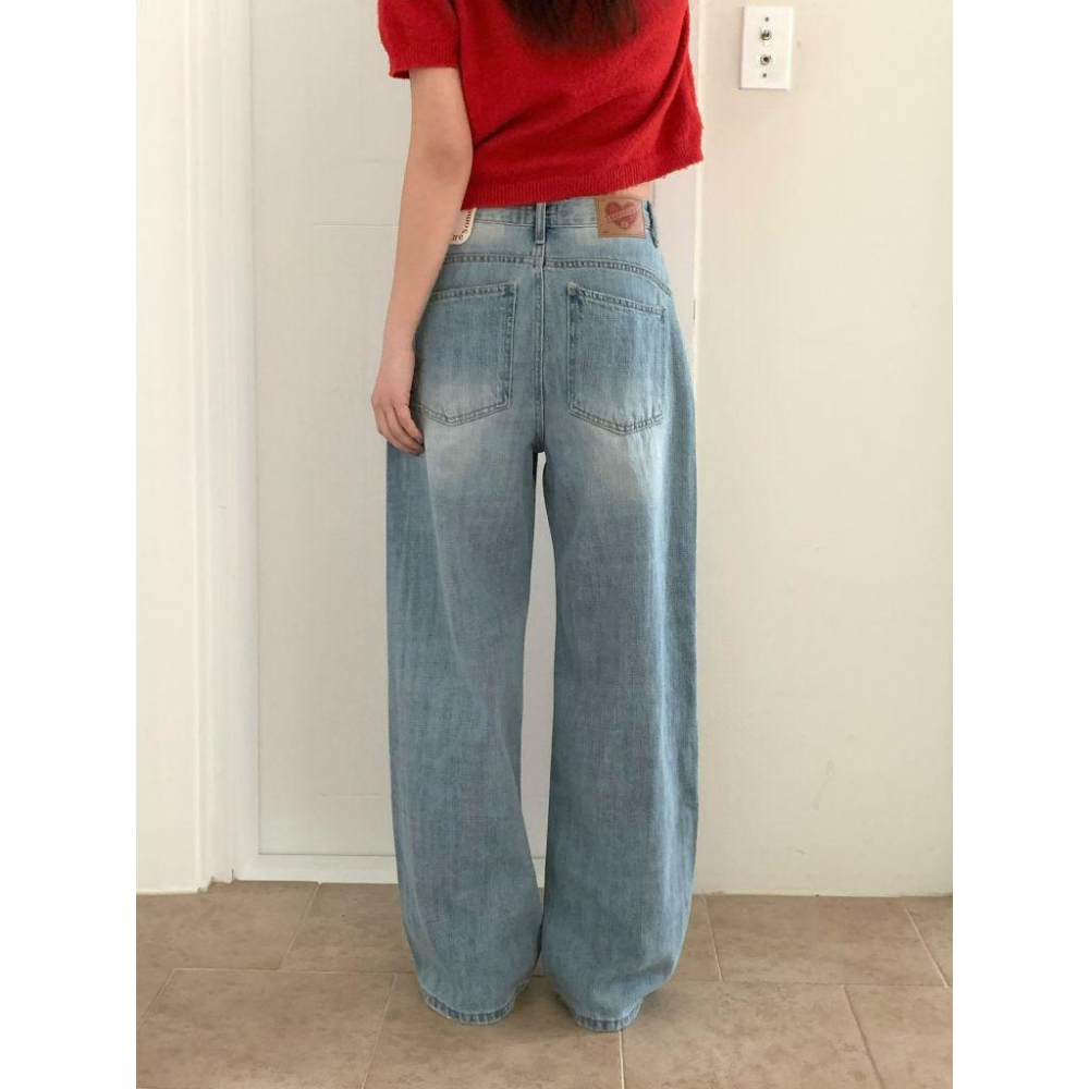 【高級感水洗純棉】VENUSY｜正韓🇰🇷 - 韓國東大門空運直送台灣｜純棉皮革標闊腿牛仔褲-細節圖3