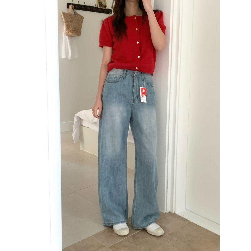 【高級感水洗純棉】VENUSY｜正韓🇰🇷 - 韓國東大門空運直送台灣｜純棉皮革標闊腿牛仔褲-細節圖4