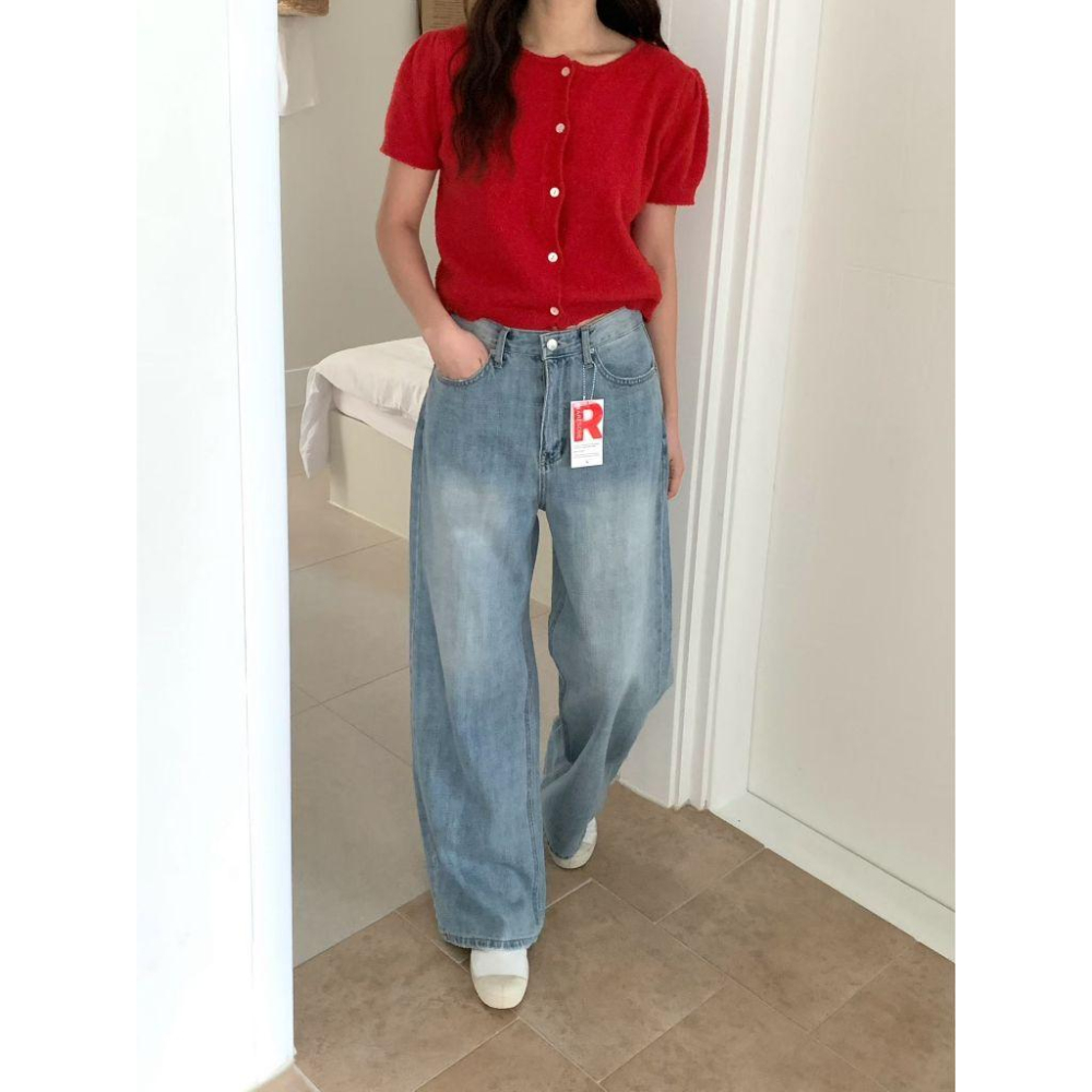 【高級感水洗純棉】VENUSY｜正韓🇰🇷 - 韓國東大門空運直送台灣｜純棉皮革標闊腿牛仔褲-細節圖8