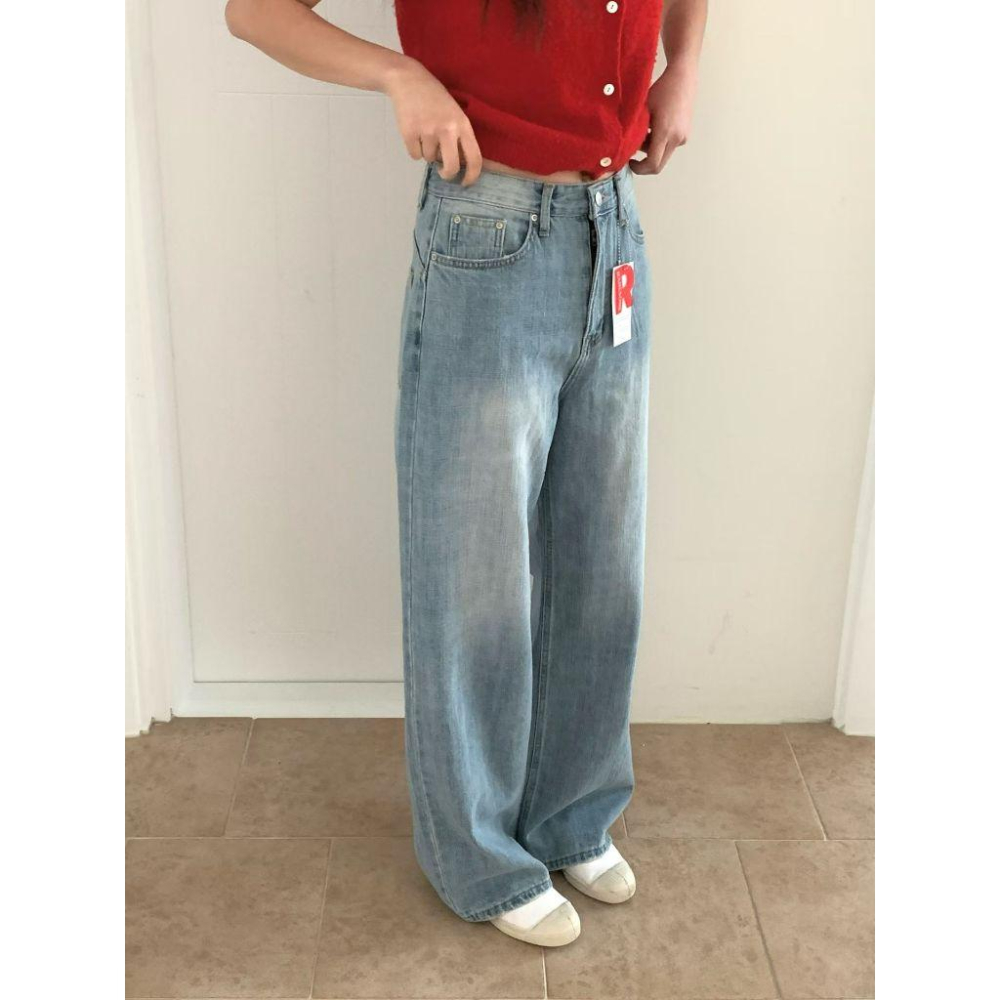 【高級感水洗純棉】VENUSY｜正韓🇰🇷 - 韓國東大門空運直送台灣｜純棉皮革標闊腿牛仔褲-細節圖9