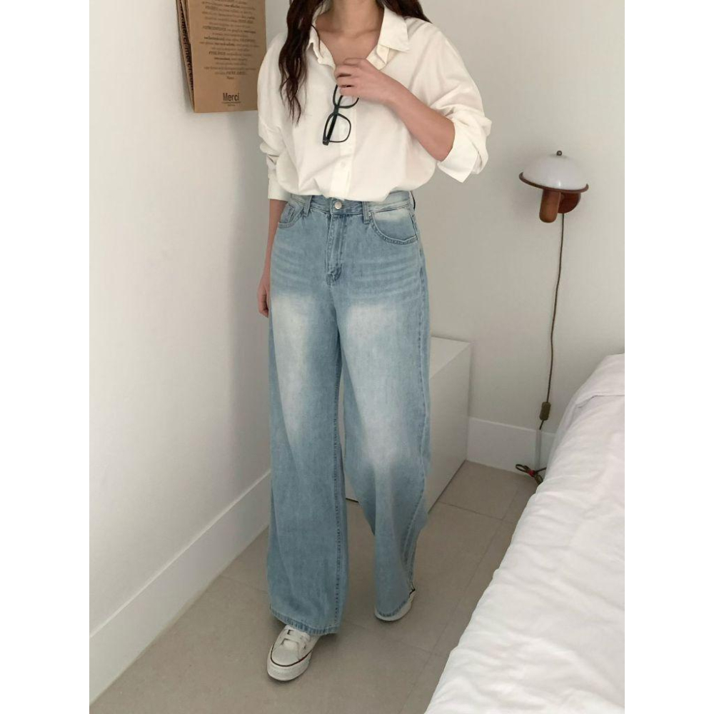 【韓妞必備氛圍感】VENUSY｜正韓🇰🇷 - 韓國東大門空運直送台灣｜純棉高腰闊腿牛仔褲-細節圖2