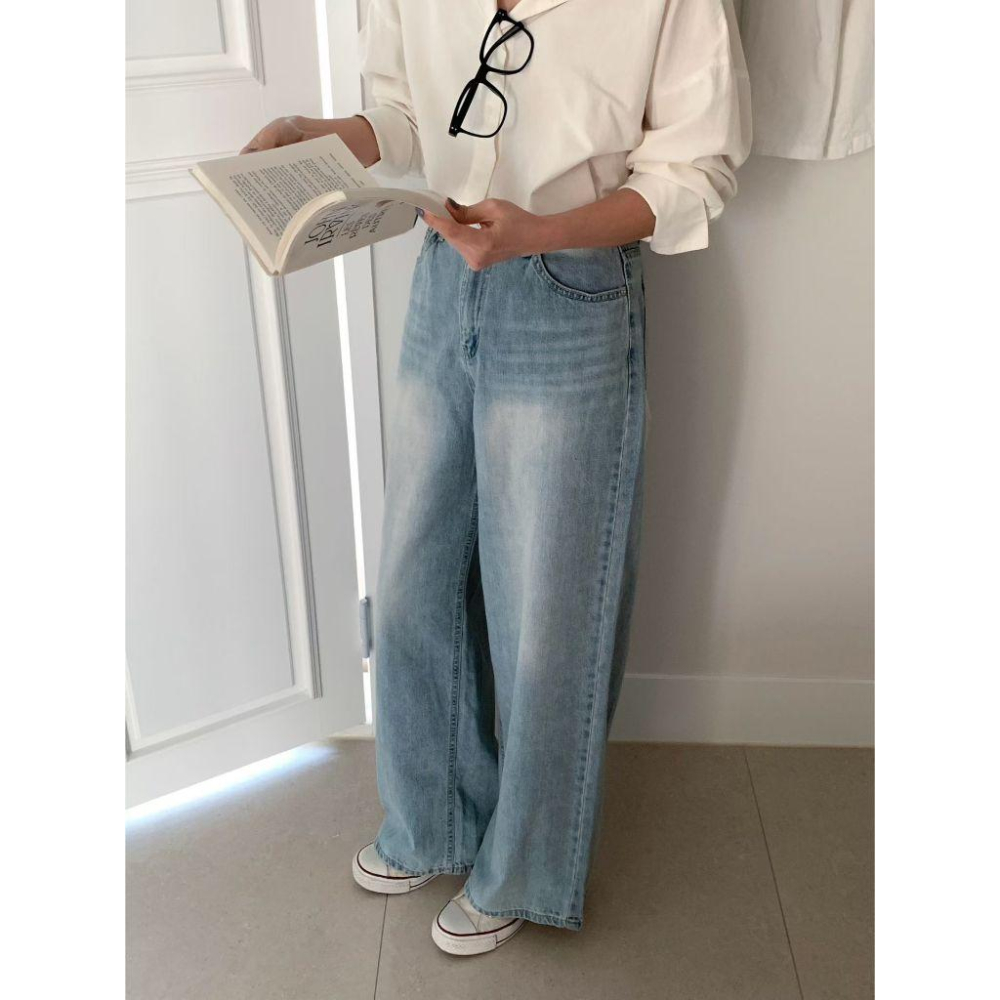 【韓妞必備氛圍感】VENUSY｜正韓🇰🇷 - 韓國東大門空運直送台灣｜純棉高腰闊腿牛仔褲-細節圖6