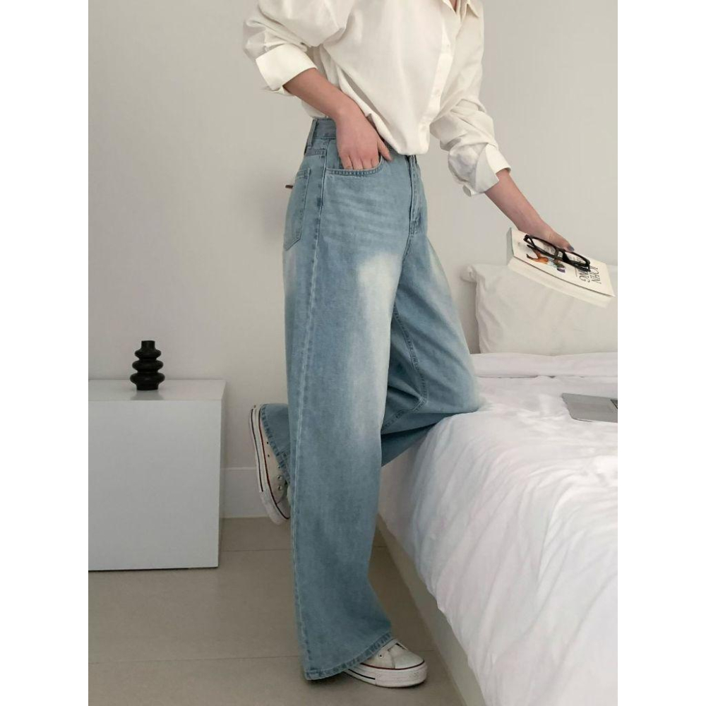 【韓妞必備氛圍感】VENUSY｜正韓🇰🇷 - 韓國東大門空運直送台灣｜純棉高腰闊腿牛仔褲-細節圖7