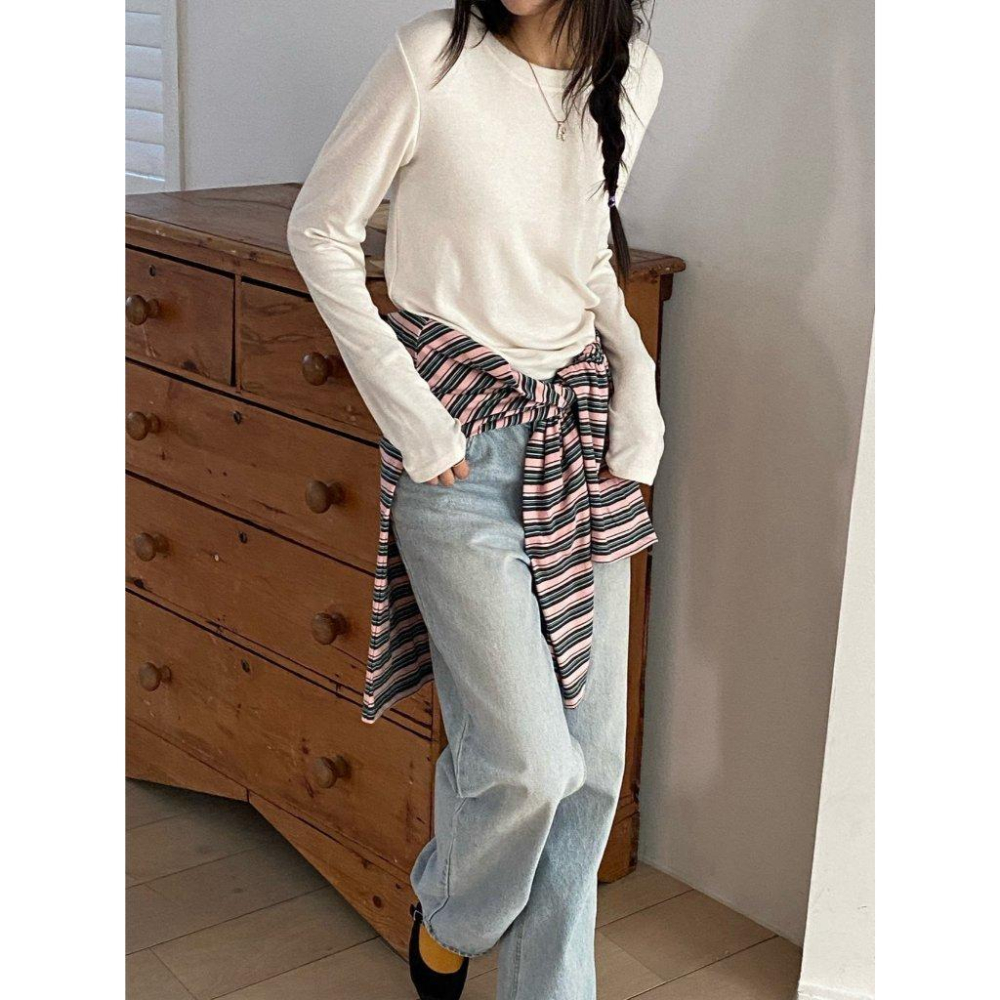 [柔軟彈性] VENUSY｜正韓🇰🇷 - 韓國東大門空運直送台灣｜素色長袖T恤 疊搭-細節圖6