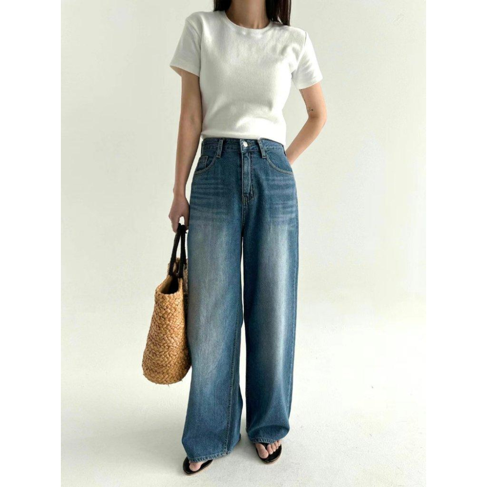 【100%純棉 薄軟款】VENUSY｜正韓🇰🇷 - DEEP ♡ 韓國熱門設計師｜飄逸寬鬆直筒牛仔褲-細節圖2
