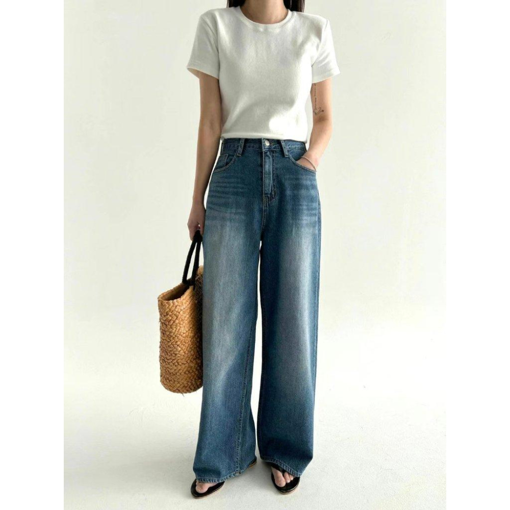 【100%純棉 薄軟款】VENUSY｜正韓🇰🇷 - DEEP ♡ 韓國熱門設計師｜飄逸寬鬆直筒牛仔褲-細節圖4