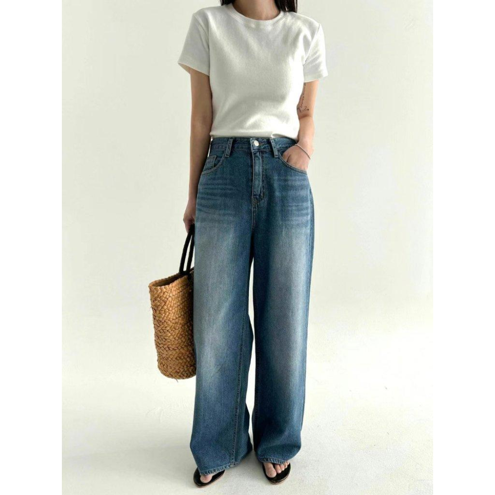 【100%純棉 薄軟款】VENUSY｜正韓🇰🇷 - DEEP ♡ 韓國熱門設計師｜飄逸寬鬆直筒牛仔褲-細節圖9