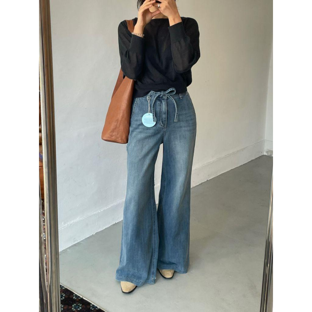 【2026 春季新款｜超級可愛♥︎】VENUSY｜正韓🇰🇷 - 韓國東大門空運直送台灣｜綁帶寬鬆喇叭牛仔褲-細節圖4