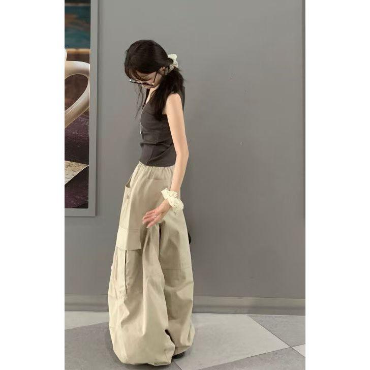 【100%棉・率性工裝風】VENUSY｜正韓 - 質感抽繩圓弧氣球褲．黑色/卡其綠/米色・Made in Korea-細節圖2