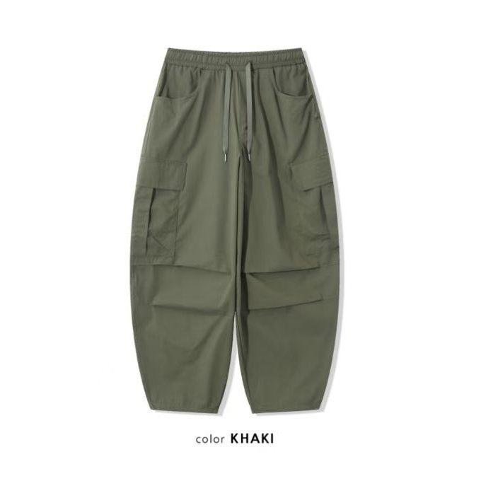 【100%棉・率性工裝風】VENUSY｜正韓 - 質感抽繩圓弧氣球褲．黑色/卡其綠/米色・Made in Korea-細節圖6