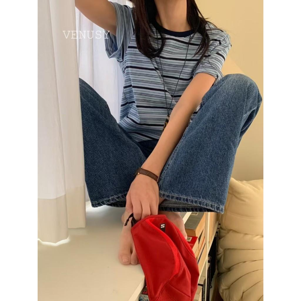【美式復古・拼色條紋】VENUSY｜正韓 - 寬鬆拼色條紋短袖T恤．100%純棉．紅/卡其/天藍．必備基本款-細節圖2