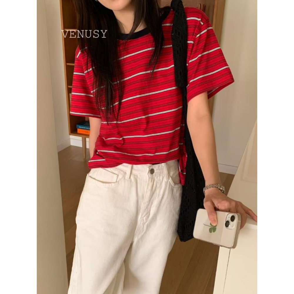 【美式復古・拼色條紋】VENUSY｜正韓 - 寬鬆拼色條紋短袖T恤．100%純棉．紅/卡其/天藍．必備基本款-細節圖6