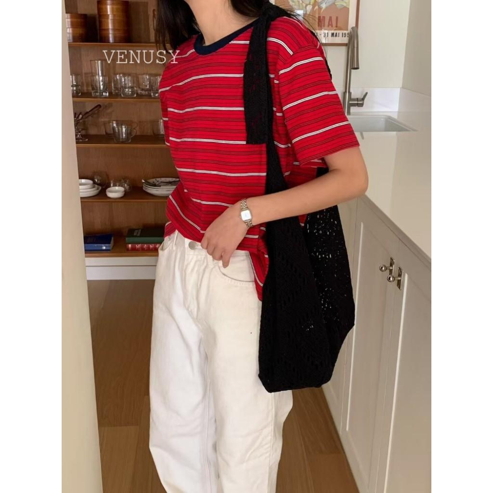 【美式復古・拼色條紋】VENUSY｜正韓 - 寬鬆拼色條紋短袖T恤．100%純棉．紅/卡其/天藍．必備基本款-細節圖8