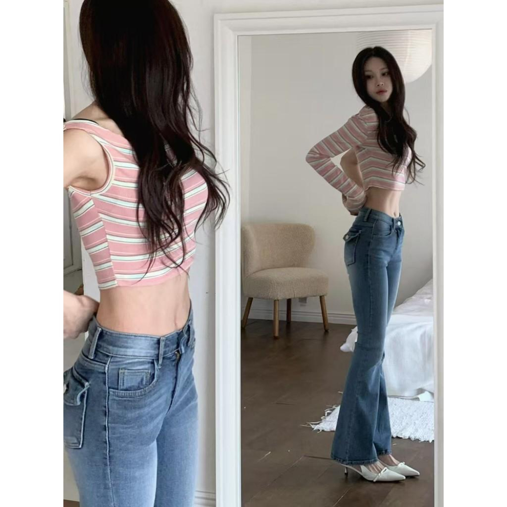 【詢問度NO.1爆款・視覺顯瘦】VENUSY｜後口袋低腰喇叭牛仔褲．Y2K復古美腿版型．青/淡青．S-L-細節圖2