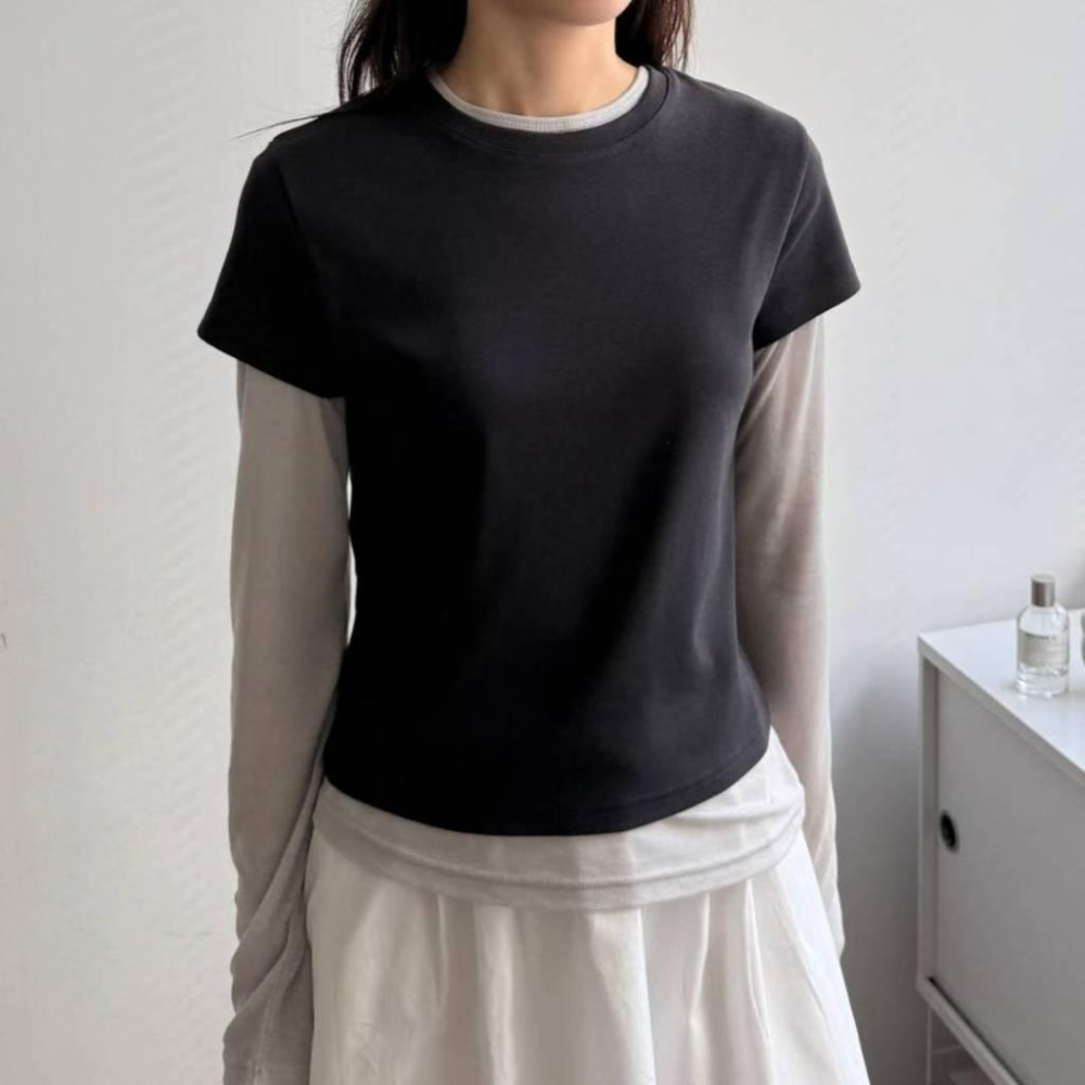 【親膚不透・微合身版型】VENUSY｜正韓 - 質感水洗彈力短袖T恤．10色入・57%棉+莫代爾・抗變形-細節圖7