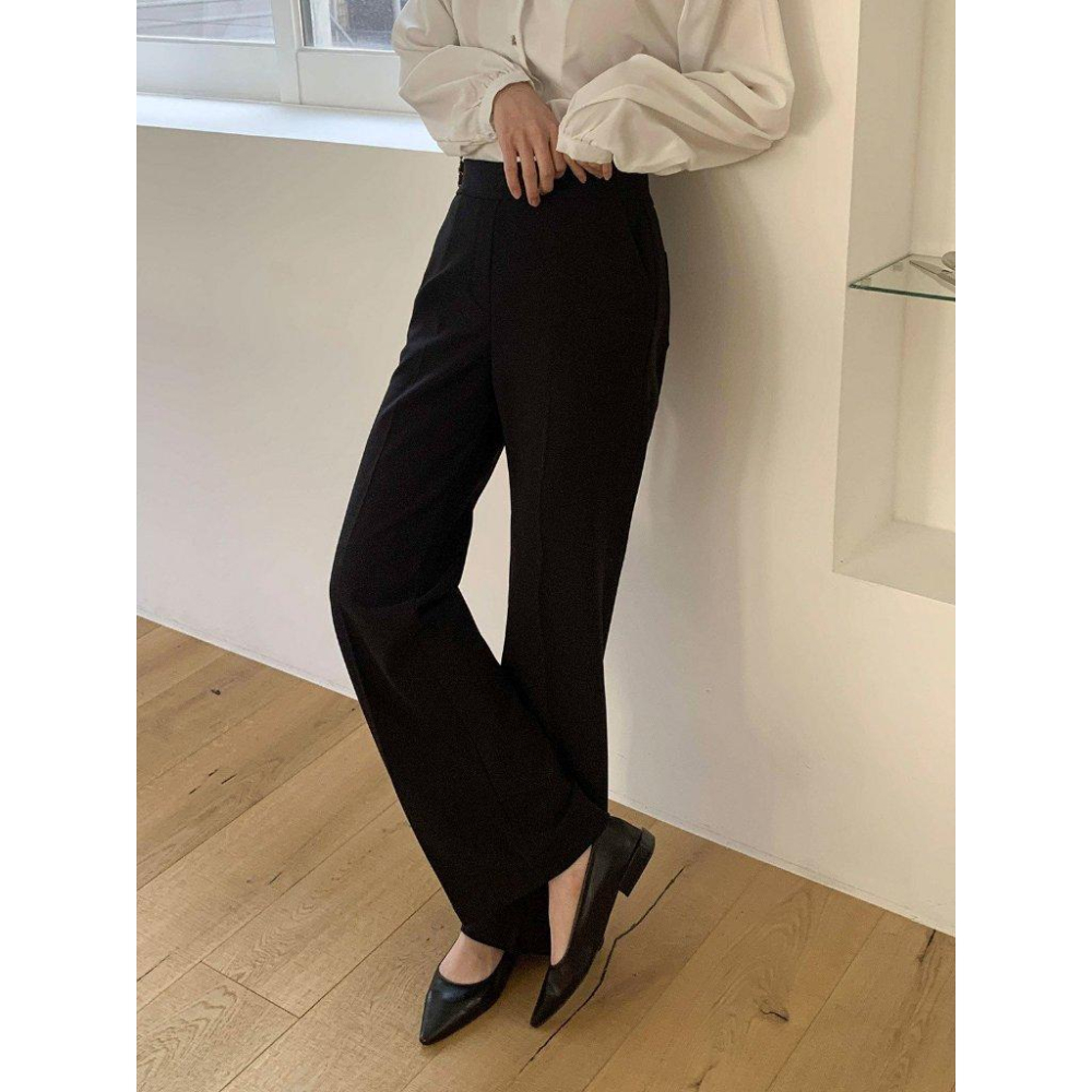 【極致彈力・修身長腿】VENUSY｜正韓 - 垂墜感微喇叭長褲．黑/米色．S-L．Made in Korea-細節圖4