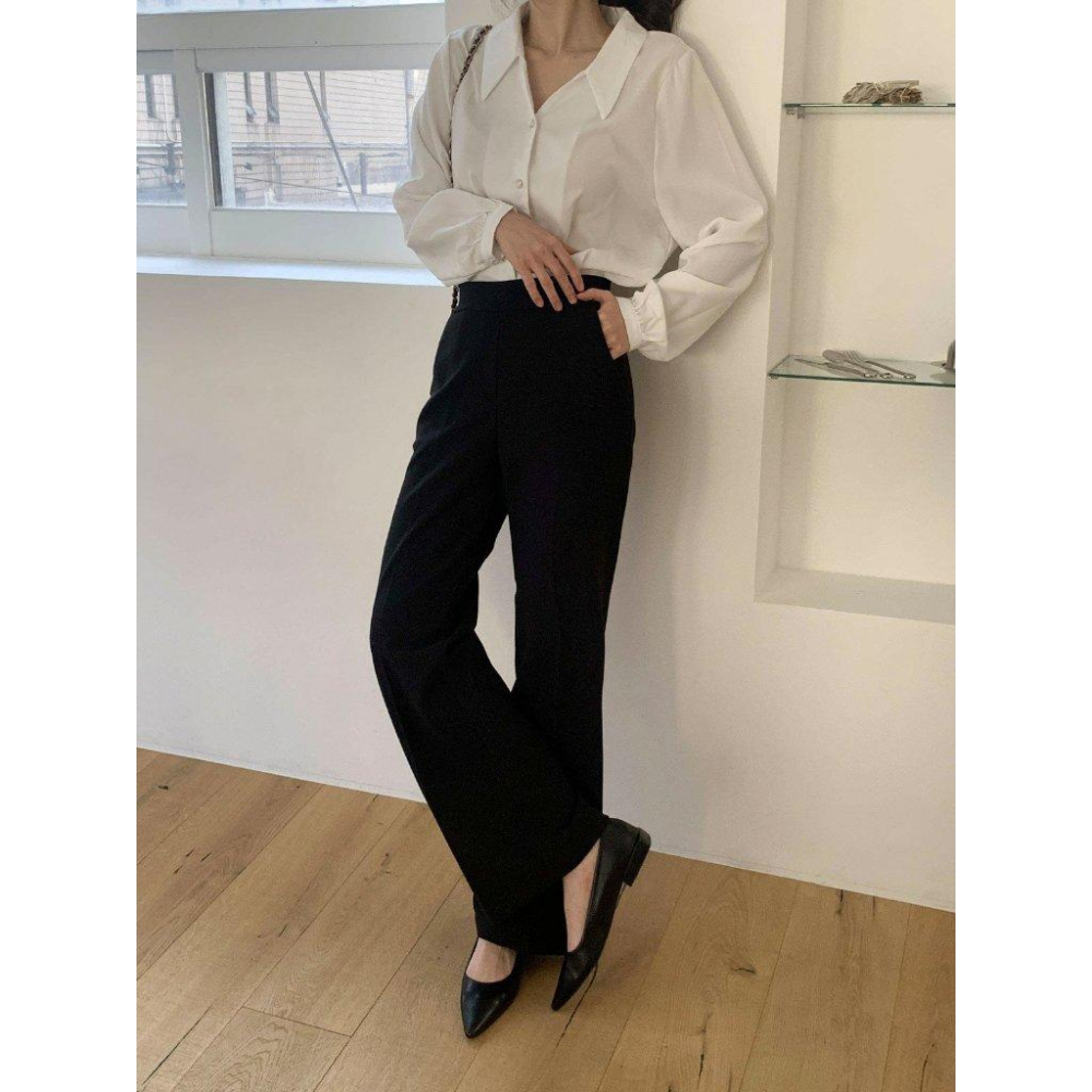 【極致彈力・修身長腿】VENUSY｜正韓 - 垂墜感微喇叭長褲．黑/米色．S-L．Made in Korea-細節圖6