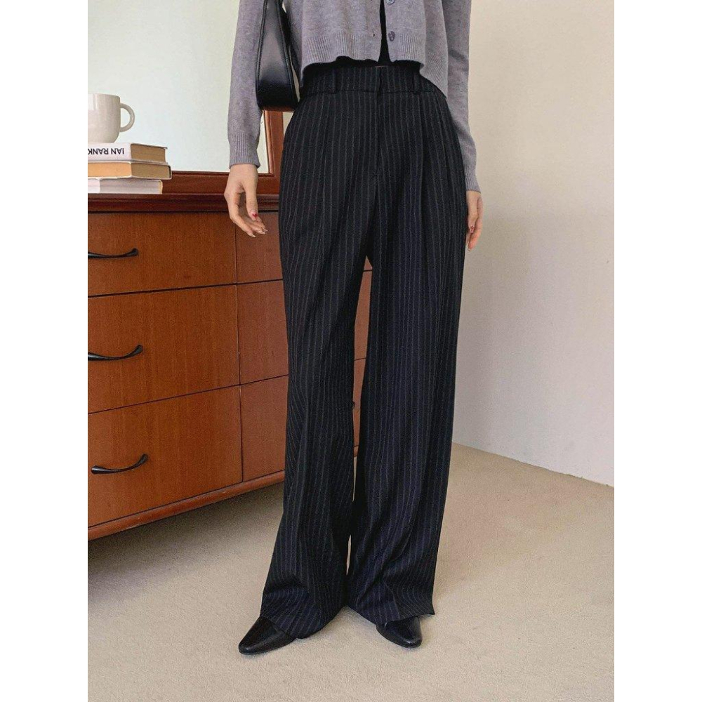 【高腰收腹・職人氣場】VENUSY｜正韓 - 隱形鬆緊細條紋西褲．不勒腰高彈力．都會ONNI必備-細節圖7