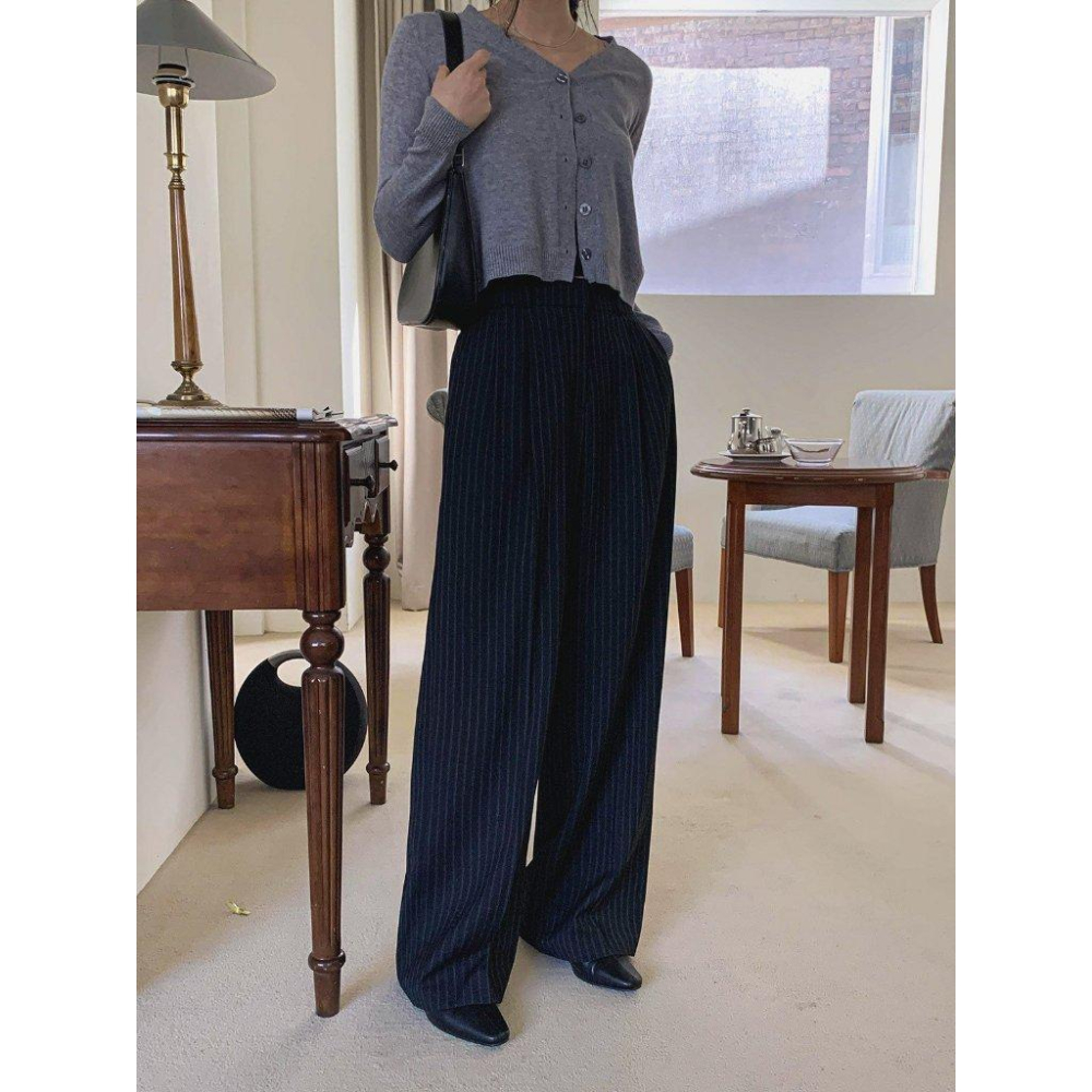 【高腰收腹・職人氣場】VENUSY｜正韓 - 隱形鬆緊細條紋西褲．不勒腰高彈力．都會ONNI必備-細節圖8