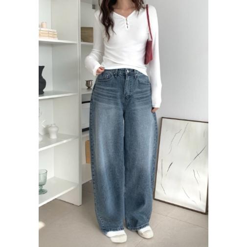 【韓網爆紅】VENUSY｜正韓 - 純棉灰藍水洗闊腿牛仔褲．S-L・Made in Korea-細節圖4