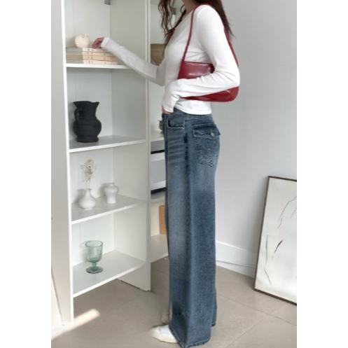 【韓網爆紅】VENUSY｜正韓 - 純棉灰藍水洗闊腿牛仔褲．S-L・Made in Korea-細節圖5