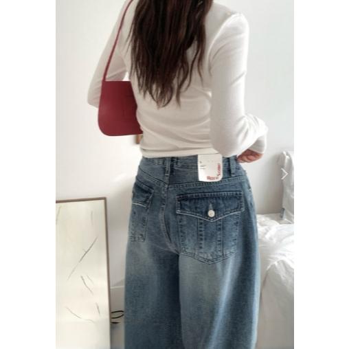 【韓網爆紅】VENUSY｜正韓 - 純棉灰藍水洗闊腿牛仔褲．S-L・Made in Korea-細節圖8