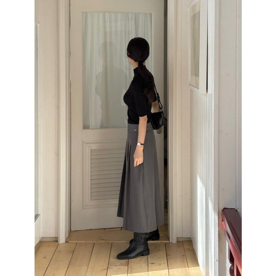 【顯瘦 A 字・高質感壓褶】VENUSY｜正韓 - 高品質修身百褶中長裙．黑/米/炭灰．Made in Korea-細節圖2