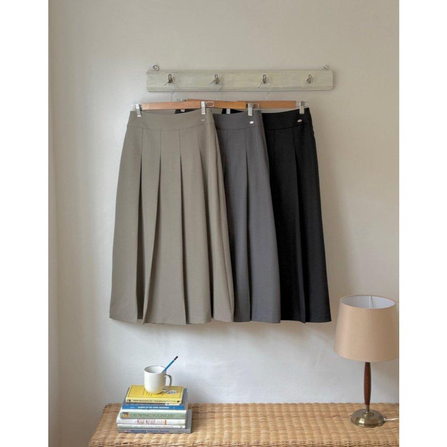 【顯瘦 A 字・高質感壓褶】VENUSY｜正韓 - 高品質修身百褶中長裙．黑/米/炭灰．Made in Korea-細節圖6