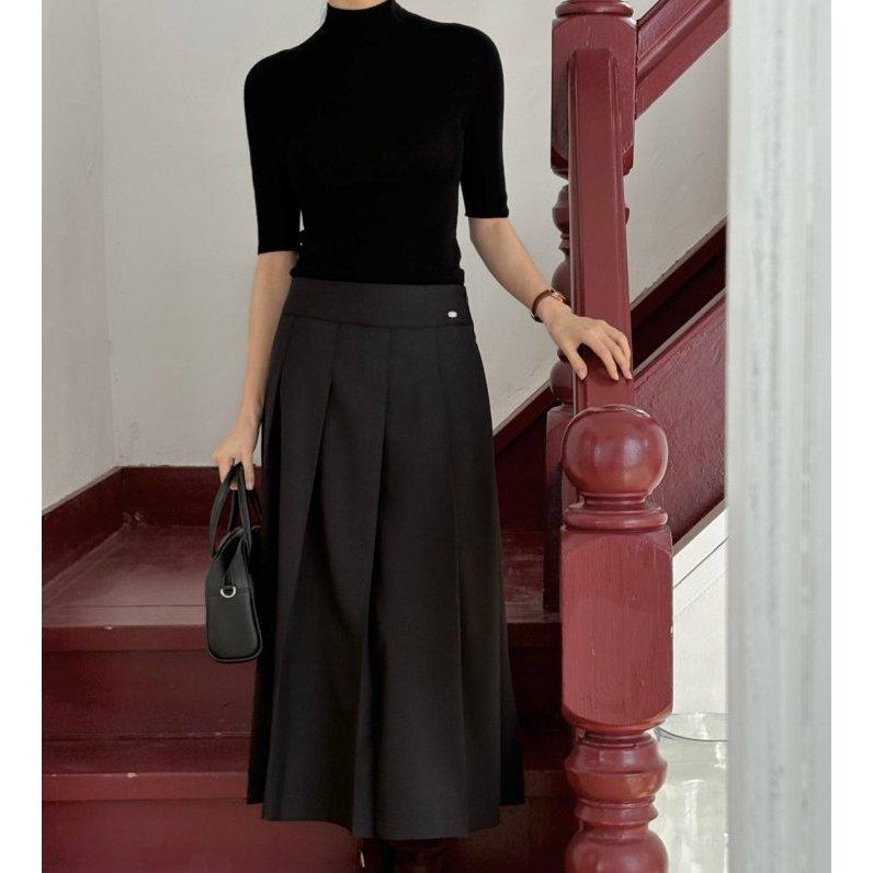 【顯瘦 A 字・高質感壓褶】VENUSY｜正韓 - 高品質修身百褶中長裙．黑/米/炭灰．Made in Korea-細節圖7