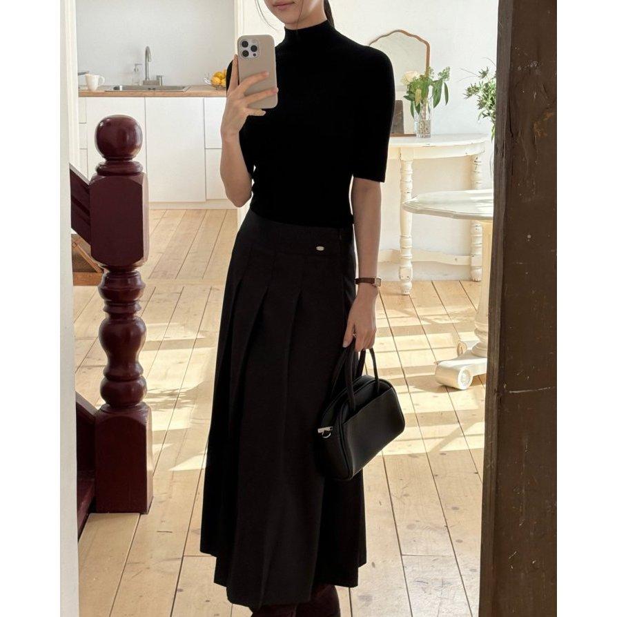 【顯瘦 A 字・高質感壓褶】VENUSY｜正韓 - 高品質修身百褶中長裙．黑/米/炭灰．Made in Korea-細節圖8