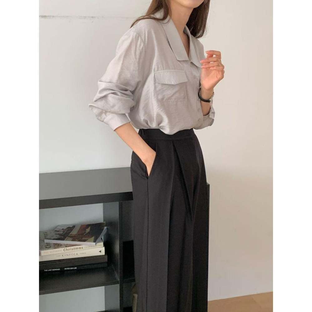 【高級霧光】VENUSY｜正韓 - 質感雙口袋長袖襯衫．黑色/白色/灰色・Made in Korea-細節圖3