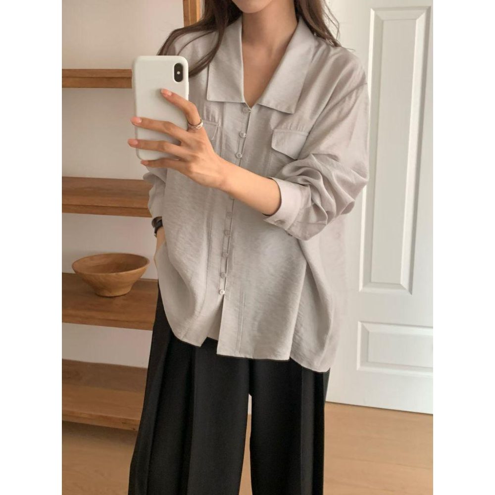 【高級霧光】VENUSY｜正韓 - 質感雙口袋長袖襯衫．黑色/白色/灰色・Made in Korea-細節圖7