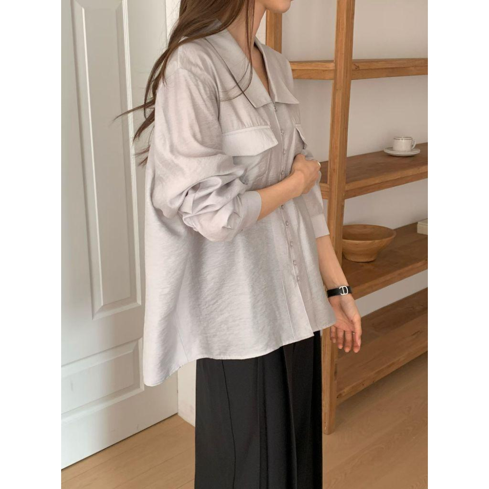 【高級霧光】VENUSY｜正韓 - 質感雙口袋長袖襯衫．黑色/白色/灰色・Made in Korea-細節圖8