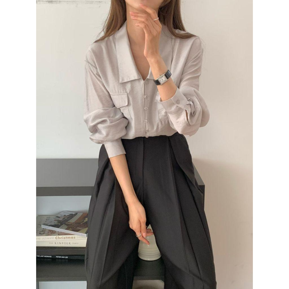 【高級霧光】VENUSY｜正韓 - 質感雙口袋長袖襯衫．黑色/白色/灰色・Made in Korea-細節圖9