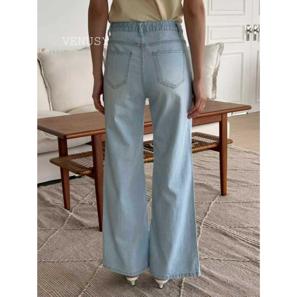 【超輕量・不變形丹寧】VENUSY｜正韓 - 高彈力闊腿微喇叭褲．環錠紗工藝．春夏必備修身神褲．牛仔褲-細節圖3