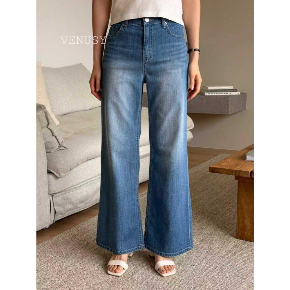 【超輕量・不變形丹寧】VENUSY｜正韓 - 高彈力闊腿微喇叭褲．環錠紗工藝．春夏必備修身神褲．牛仔褲-細節圖8