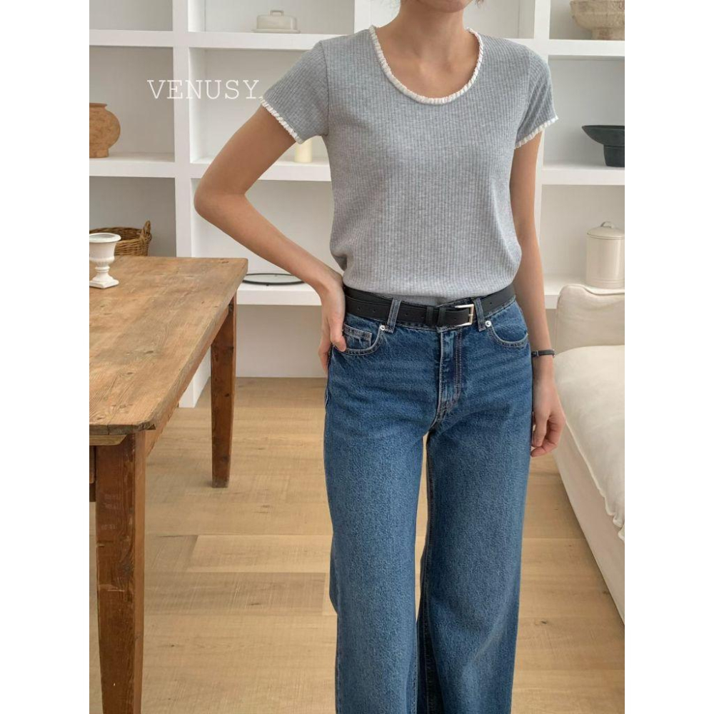 【雲朵彈力】VENUSY｜正韓 - 小花邊修身短袖T恤．象牙白/灰．極致親膚-細節圖4