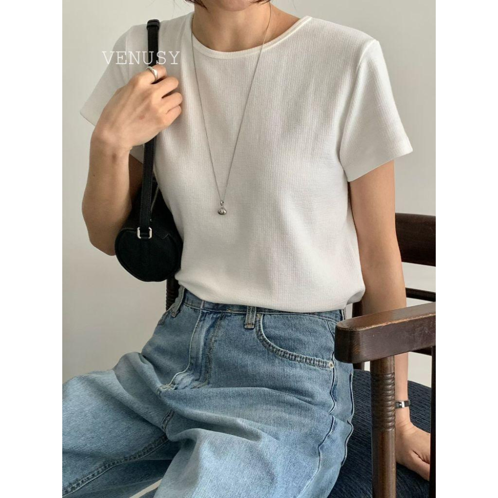 【極致親膚・涼感修身】VENUSY｜正韓 - 氧氣感彈力短袖T恤．6色入．基礎款必備-細節圖2