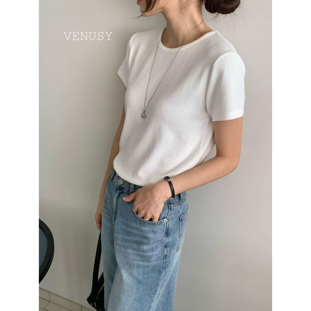 【極致親膚・涼感修身】VENUSY｜正韓 - 氧氣感彈力短袖T恤．6色入．基礎款必備-細節圖4