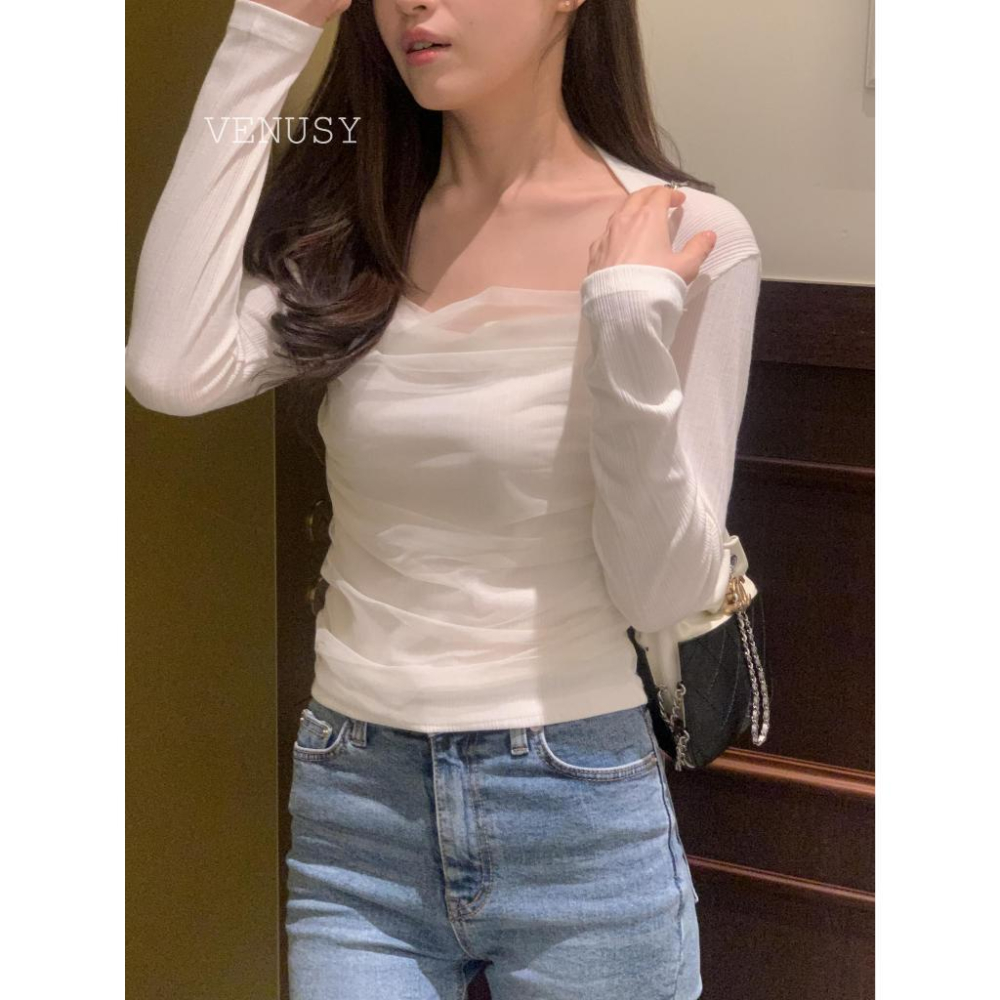 【法式優雅】VENUSY｜正韓 - 褶皺紗修身長袖上衣．柔滑人造絲混紡-細節圖4