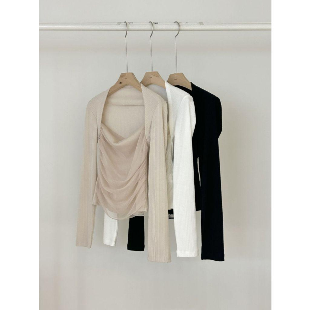 【法式優雅】VENUSY｜正韓 - 褶皺紗修身長袖上衣．柔滑人造絲混紡-細節圖6